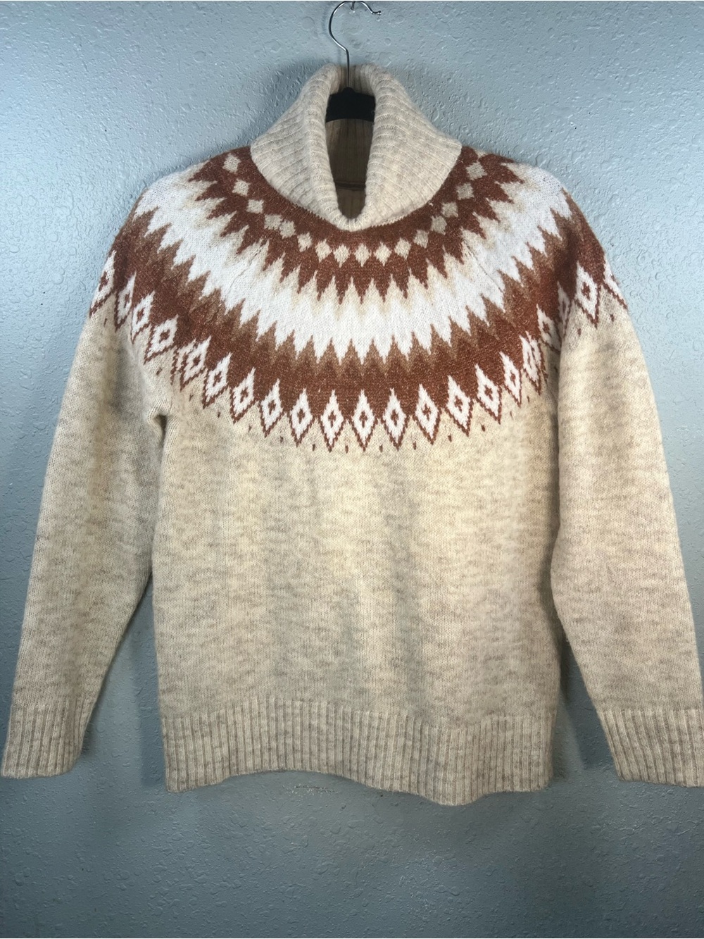 Aspen Fair Isle Turtleneck Sweater Nordic Wool Blend Oatmeal Brown Small - Picture 2 of 16